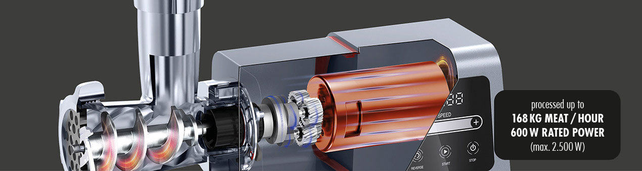 GASTROBACK® Mincer - 61410 - Design Mincer 6-in-1 Plus #6 - Powerful and robust AC motor with parallel shaft gearbox and solid metal gears