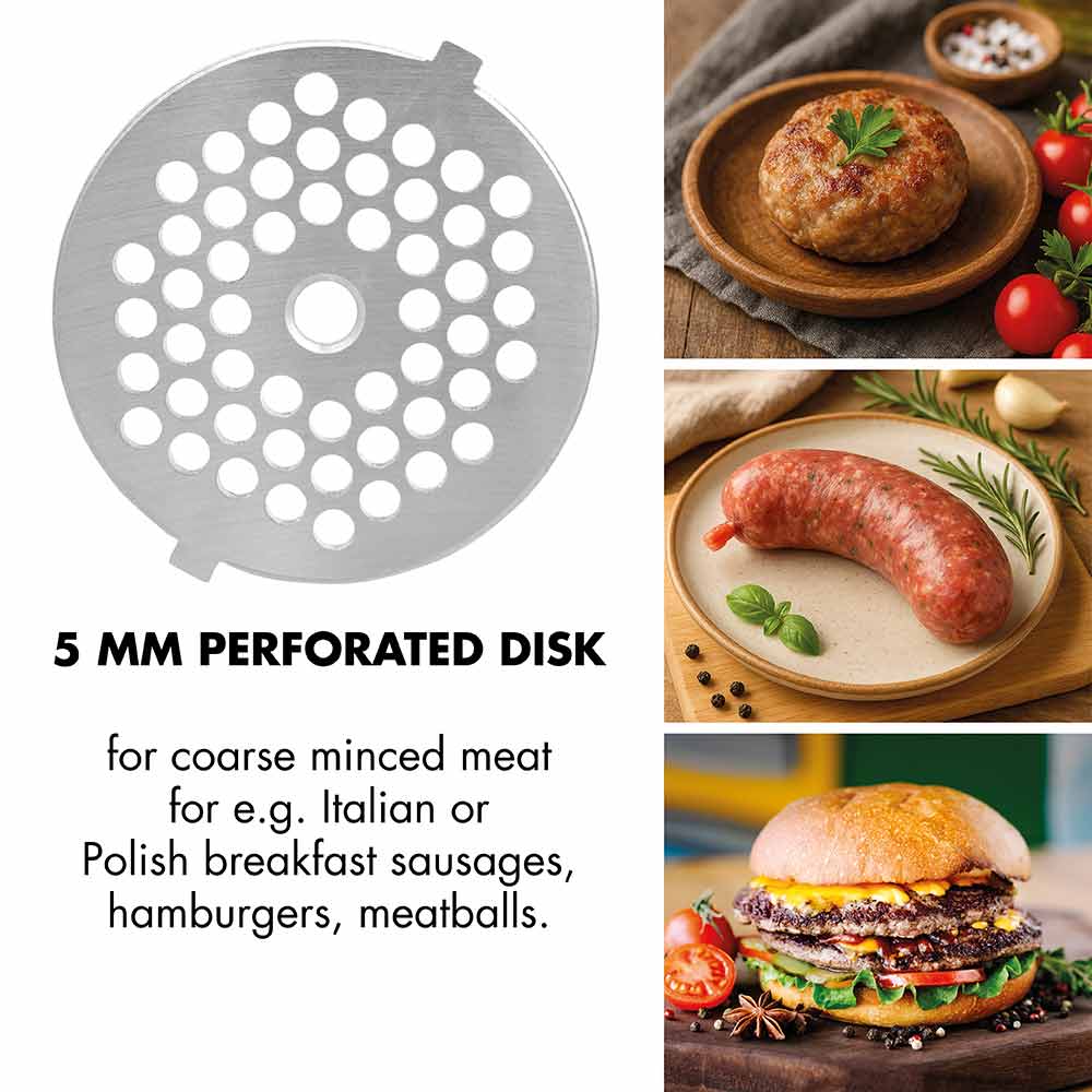GASTROBACK® Fleischwolf - 41407 - Design Fleischwolf 6-in-1 Plus #6 - 5 MM Lochscheibe für grobes Hackfleisch für z.B. italienische oder polnische Frühstückswürste, Hamburger, Frikadellen.