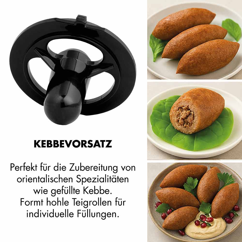GASTROBACK® Fleischwolf - 41407 - Design Fleischwolf 6-in-1 Plus #6 - Kebbevorsatz Perfekt für die Zubereitung von orientalischen Spezialitäten wie gefüllte Kebbe. Formt hohle Teigrollen für individuelle Füllungen.