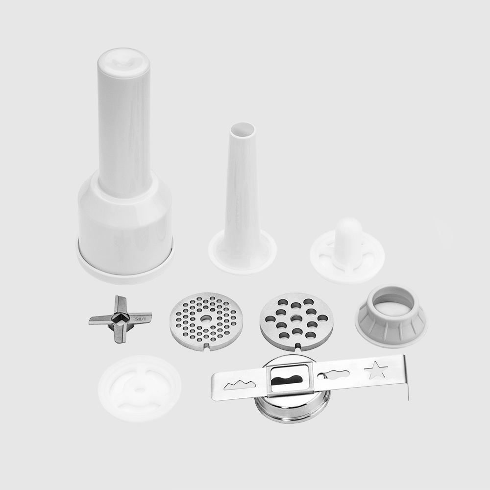 2 grinding discs for chunky meat, sausage filing attachment, pusher, food tray, cookie attachment, kebbe attachment for oriental cuisine