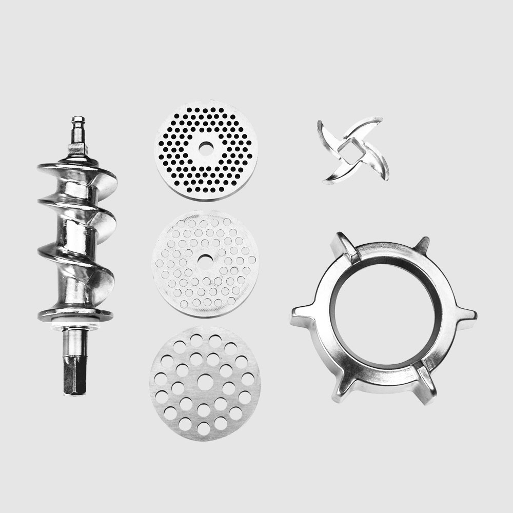 Stainless steel rough-cutter with 4 blades, attachment and feeding bowl made of aluminium, 3 perforated discs with holes 3.5, 5 and 8.0 mm