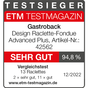 TESTSIEGER Raclette - GASTROBACK® Design Raclette Fondue Advanced Plus 42562 - ETM Testmagazin Ausgabe 12/2022