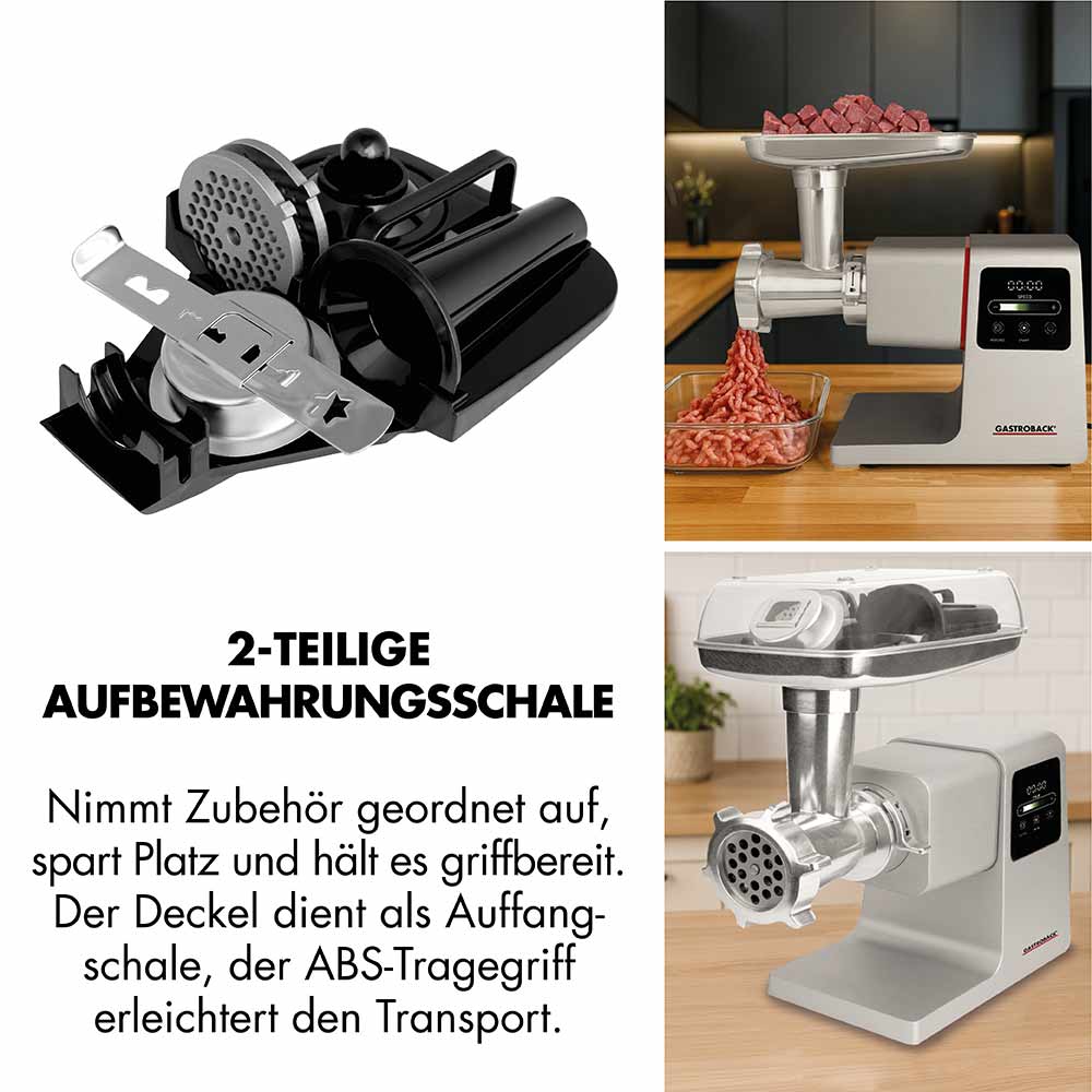 GASTROBACK® Fleischwolf - 41410 - Design Fleischwolf 6-in-1 Power Pro #10 - 2-teilige aufbewahrungsschale Nimmt Zubehör geordnet auf, spart Platz und hält es griffbereit. Der Deckel dient als Auffangschale, der ABS-Tragegriff erleichtert den Transport.
