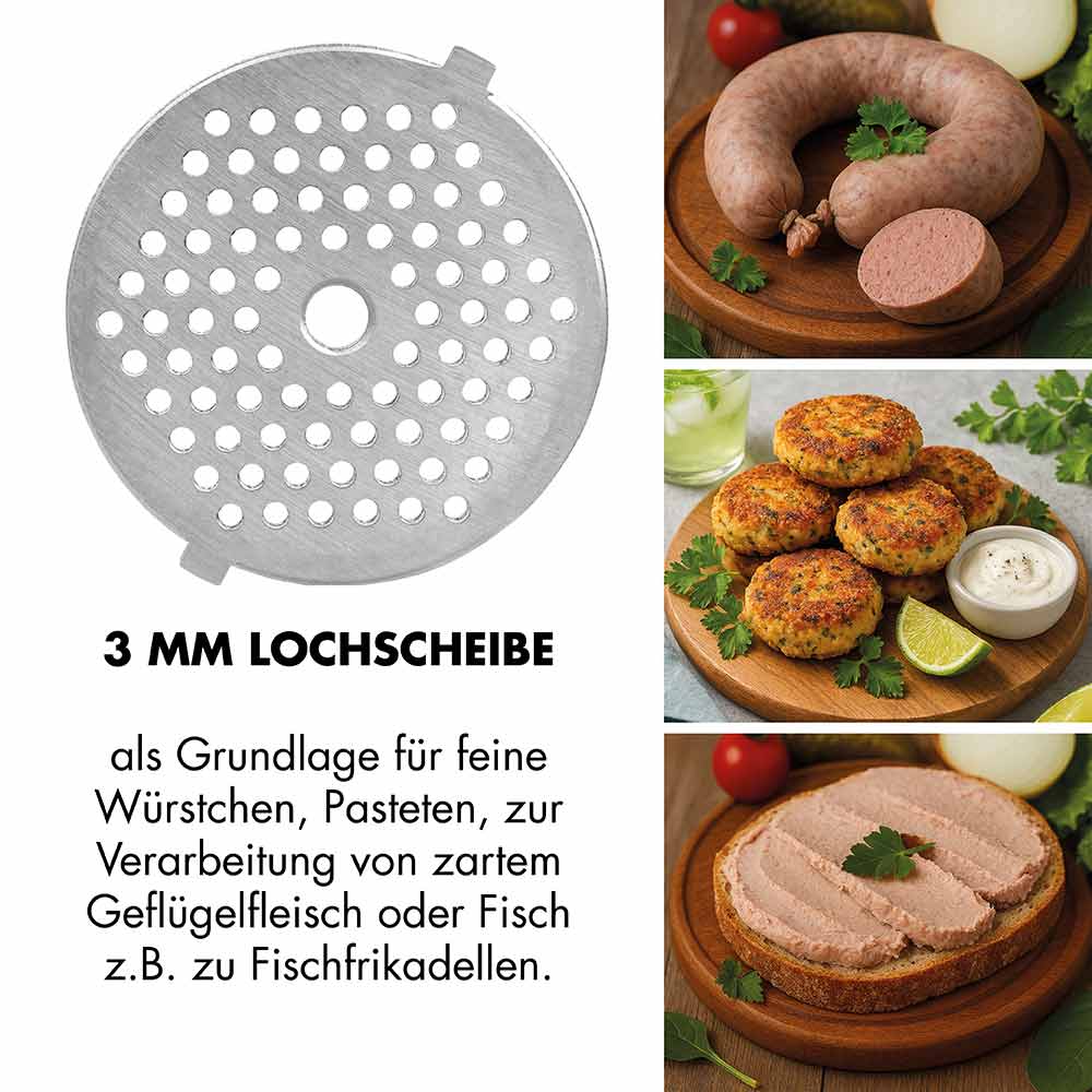 3 MM Lochscheibe als Grundlage für feine Würstchen, Pasteten, zur Verarbeitung von zartem Geflügelfleisch oder Fisch z.B. zu Fischfrikadellen.
