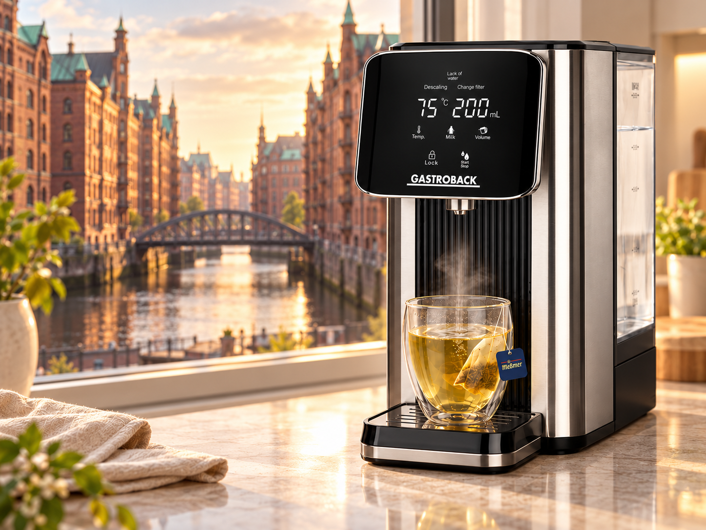 GASTROBACK Quick Tea mit Teetasse vor einem atmosphärischen Speicherstadt-Motiv