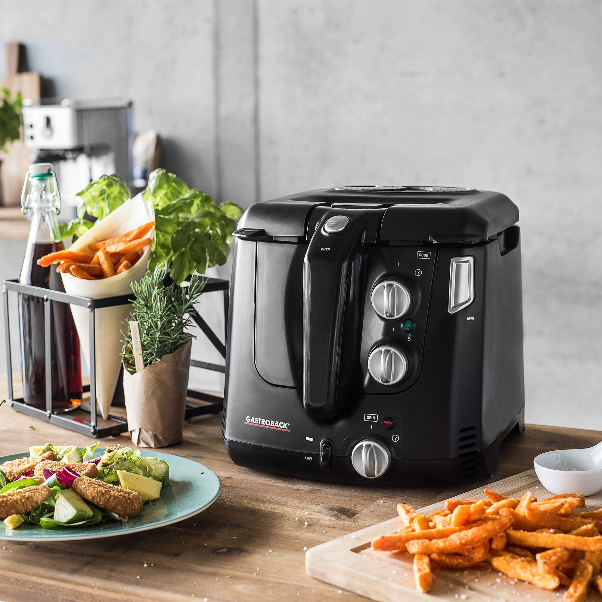 Mit Spinning - voller Geschmack und bis zu 55 % weniger Fett im Vergleich zu herkömmlichen Fritteusen