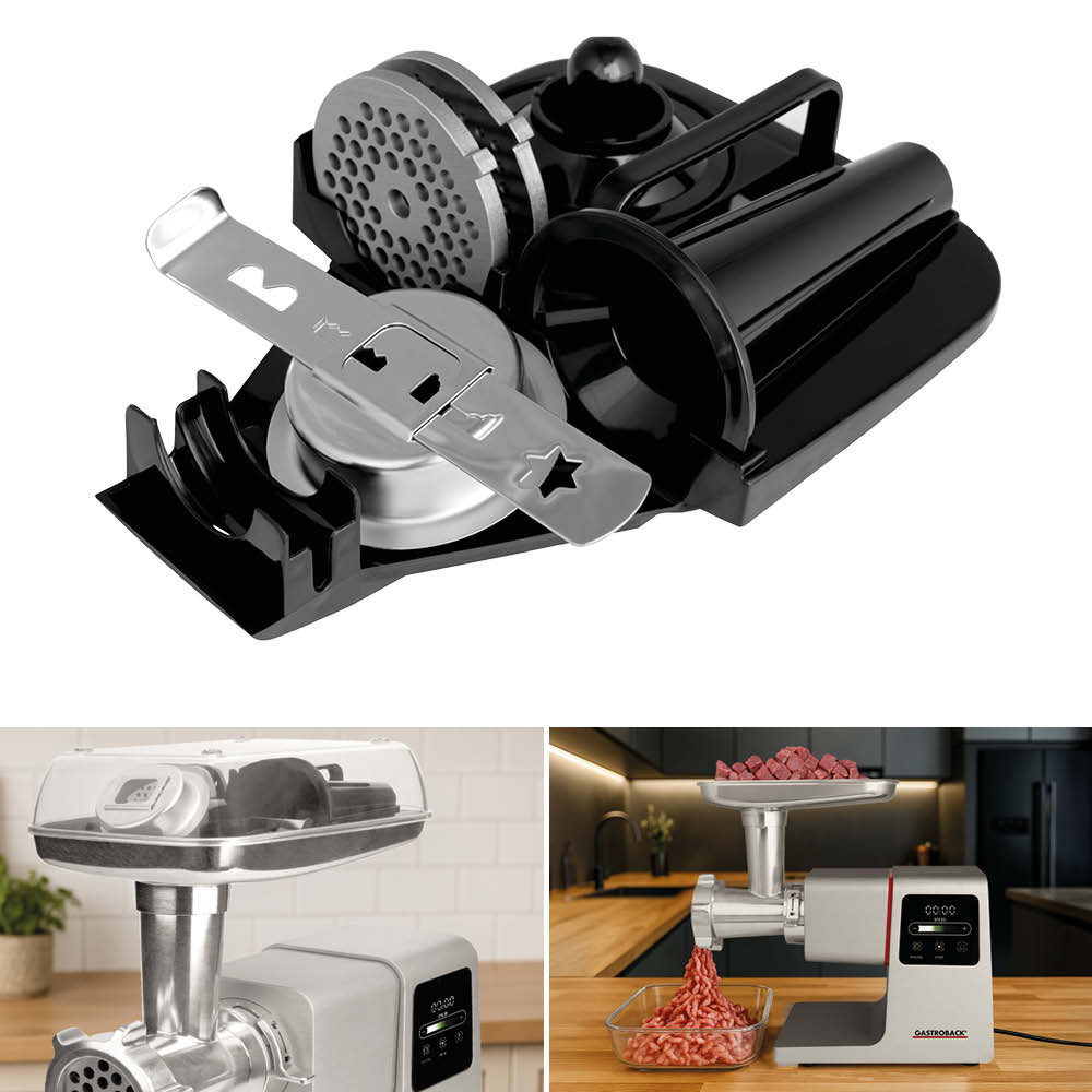 GASTROBACK® Mincer - 41410 - Design Mincer 6-in-1 Power Pro #10 - 2-teilige aufbewahrungsschale Nimmt Zubehör geordnet auf, spart Platz und hält es griffbereit. Der Deckel dient als Auffangschale, der ABS-Tragegriff erleichtert den Transport.