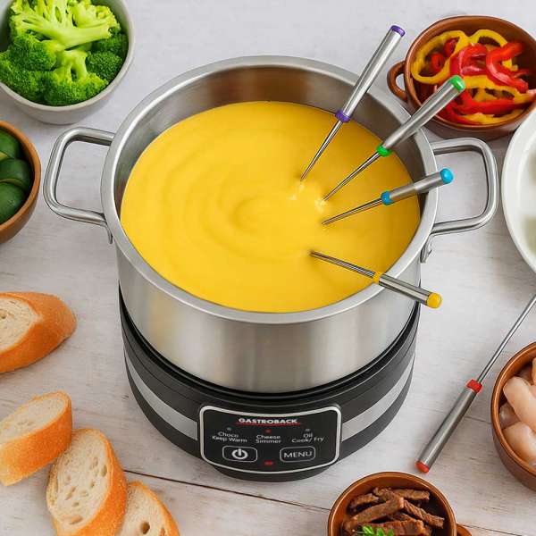 GASTROBACK® Fondue - 42568 - Fondue Multicook 4-in-1 & Kochplatte - 13 teiliges Fondue-Set mit induktiver Bratpfanne und Kochtopf für bis zu 8 Personen