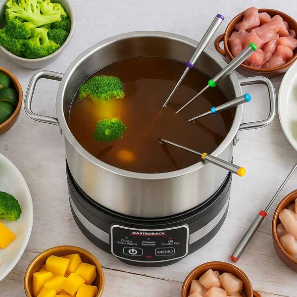 GASTROBACK® Fondue - 42568 - Fondue Multicook 4-in-1 & Kochplatte - 13 teiliges Fondue-Set mit induktiver Bratpfanne und Kochtopf für bis zu 8 Personen