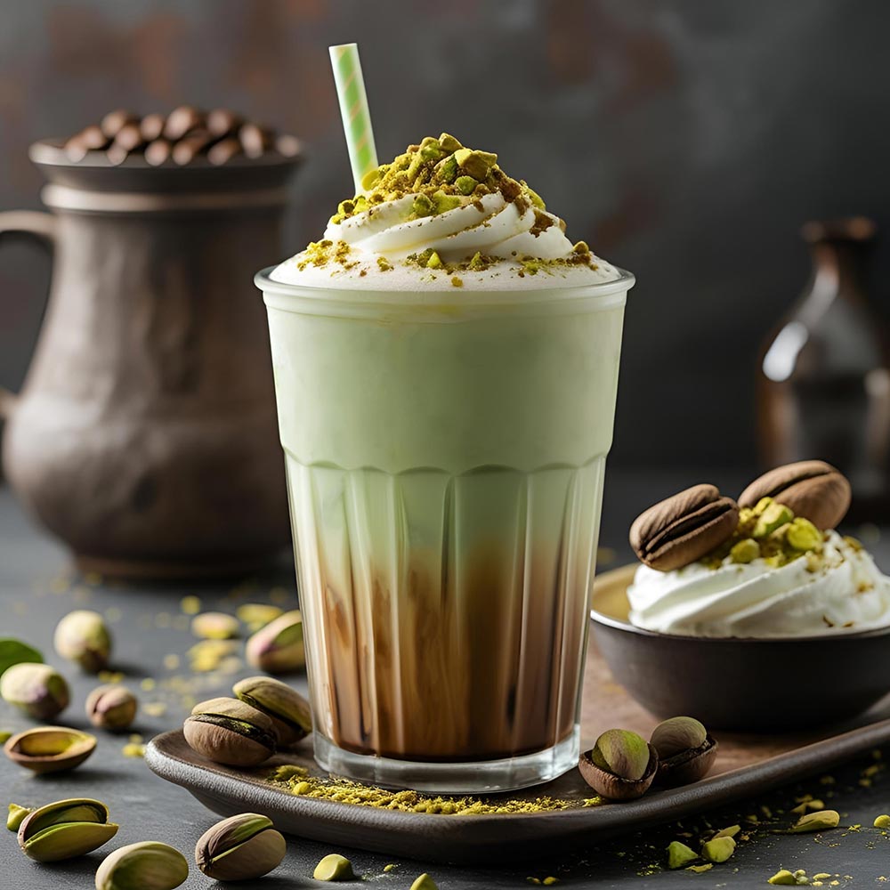Pistazien-Eiskaffee mit Pistazienaufstrich, Espresso, Milch und Sprühsahne | GASTROBACK® Espressomaschine