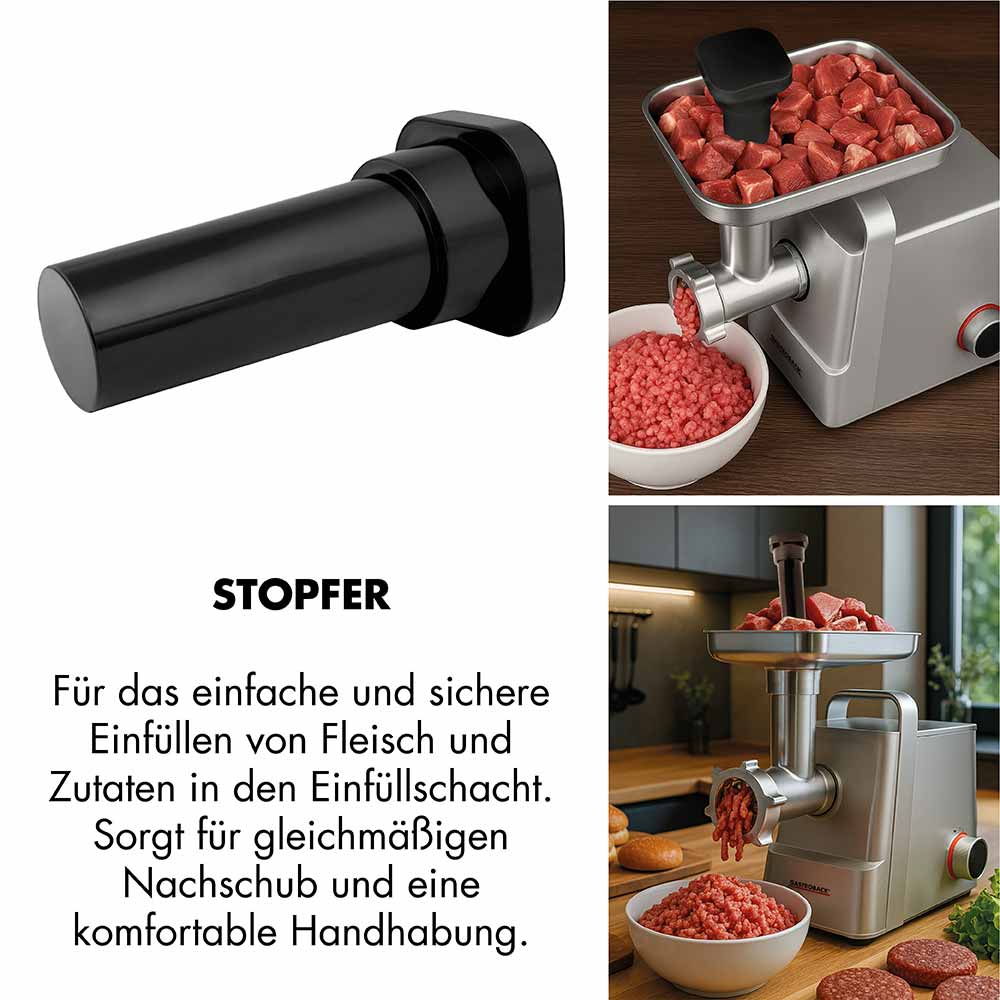 GASTROBACK® Fleischwolf - 41407 - Design Fleischwolf 6-in-1 Plus #6 - Stopfer für das einfache und sichere Einfüllen von Fleisch und Zutaten in den Einfüllschacht. Sorgt für gleichmäßigen Nachschub und eine komfortable Handhabung.