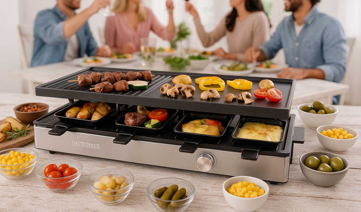 GASTROBACK® Raclette - 42563 - Raclette Grill & Pancake Station - für 8 Personen 2-in-1 Multifunktionsgerät mit XXL-Doppelpfännchen GASTROBACK® Raclette - 42563 - Raclette Grill & Pancake Station - für 8 Personen 2-in-1 Multifunktionsgerät mit XXL-Doppelpfännchen