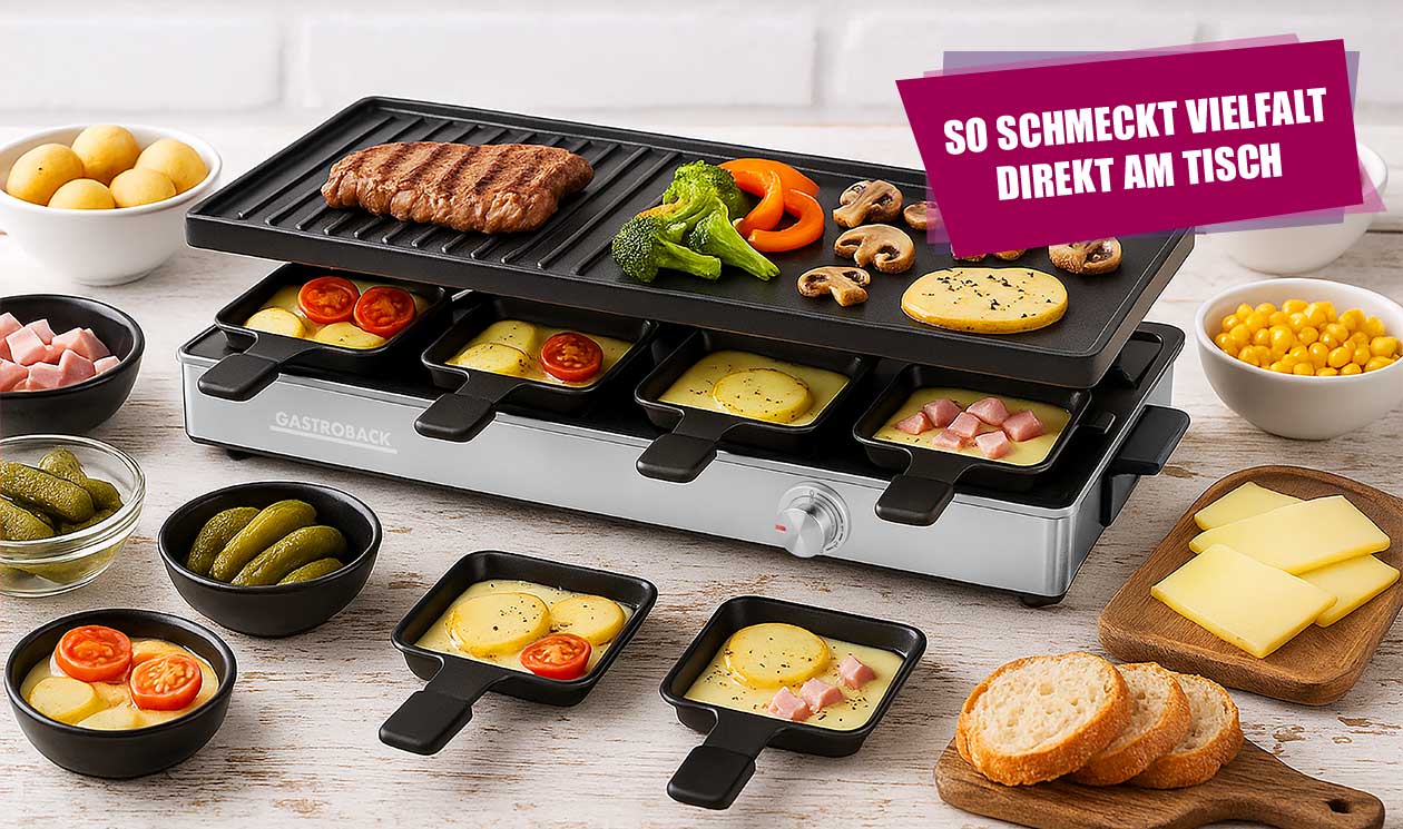 GASTROBACK® Raclette - 42563 - Raclette Grill & Pancake Station - für 8 Personen 2-in-1 Multifunktionsgerät mit XXL-Doppelpfännchen GASTROBACK® Raclette - 42563 - Raclette Grill & Pancake Station - für 8 Personen 2-in-1 Multifunktionsgerät mit XXL-Doppelpfännchen