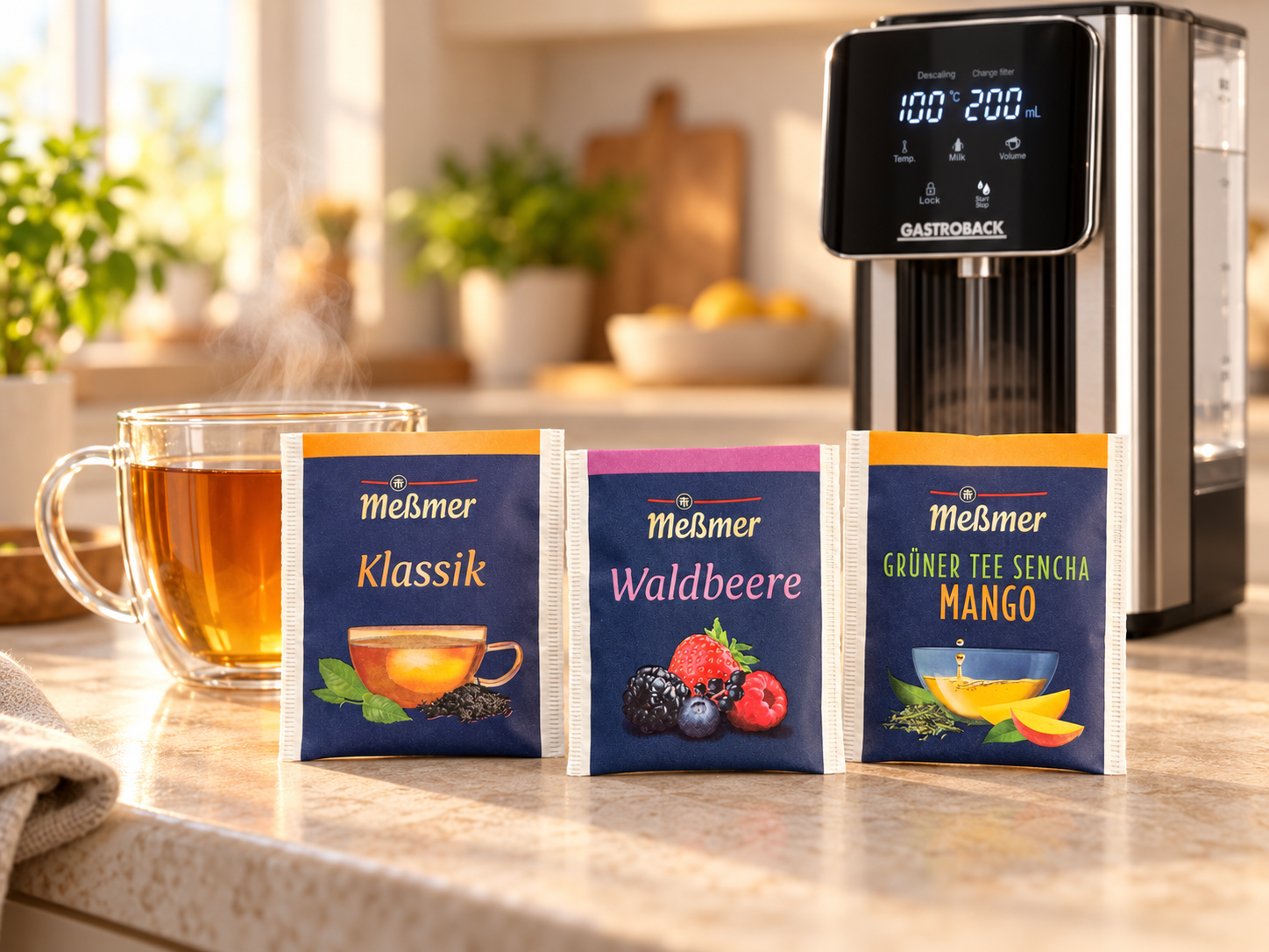Meßmer Klassik, Waldbeere und Grüner Tee Sencha Mango neben dem GASTROBACK Quick Tea