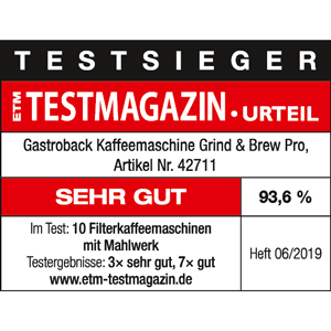 TESTSIEGER Filterkaffeemaschinen mit Mahlwerk - GASTROBACK® Kaffeemaschine Grind and Brew Pro 42711 - ETM-2019 TESTSIEGER Filterkaffeemaschinen mit Mahlwerk - GASTROBACK® Kaffeemaschine Grind and Brew Pro 42711 - ETM-2019