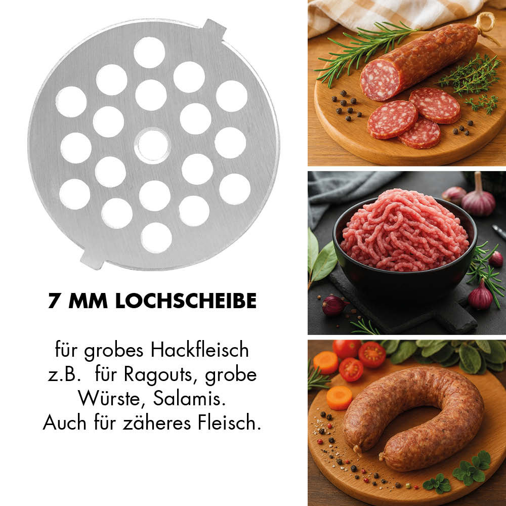 GASTROBACK® Fleischwolf - 41407 - Design Fleischwolf 6-in-1 Plus #6 - 7 MM Lochscheibe für grobes Hackfleisch z.B. für Ragouts, grobe Würste, Salamis. Auch für zäheres Fleisch.