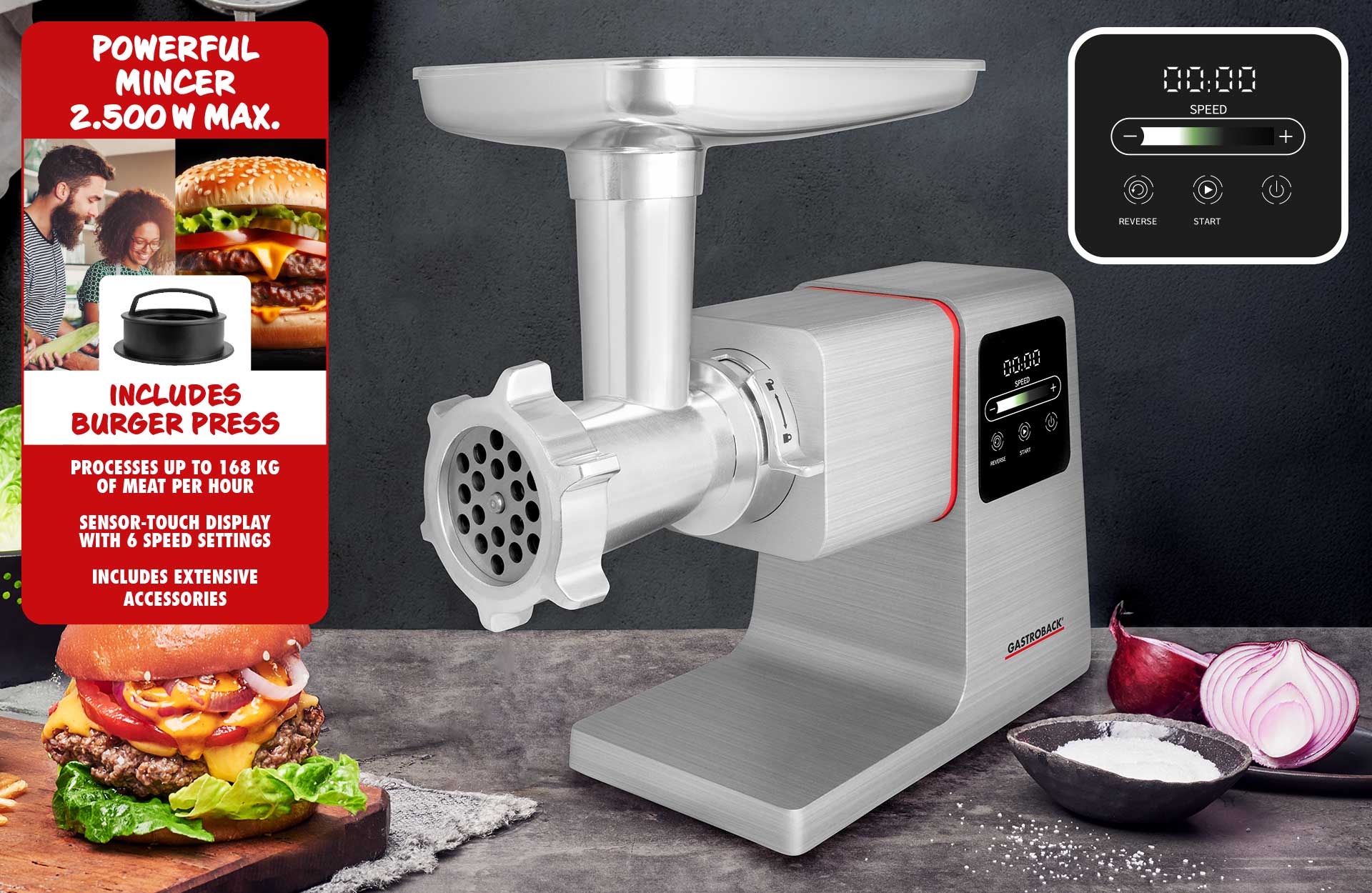 GASTROBACK® Mincer - 61410 - Design Mincer 6-in-1 Power Pro #10 GASTROBACK® Mincer - 61410 - Design Mincer 6-in-1 Power Pro #10 - Starker Fleischwolf 2.500 W max. - verarbeitet bis zu 168 kg Fleisch / Stunde - Sensor-Touch-Display mit 6 Geschwindigkeitsstufen - Inklusive umfangreicheM Zubehör